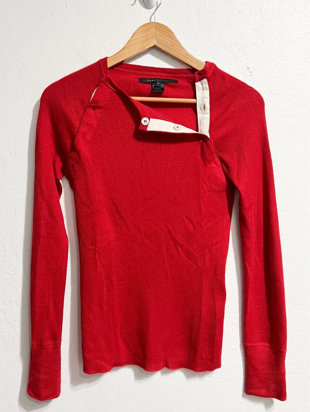 Marc By Marc Jacobs Cashmere Sweater Med Red Ribbed Raglan Long Sleeve Pullover